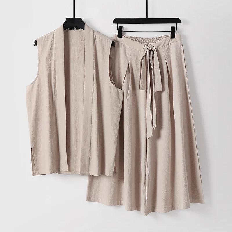 Damen Ärmellose Kimono-Weste und Hochtaillierte Culotte-Hose mit Bindegürtel Nord Taschen