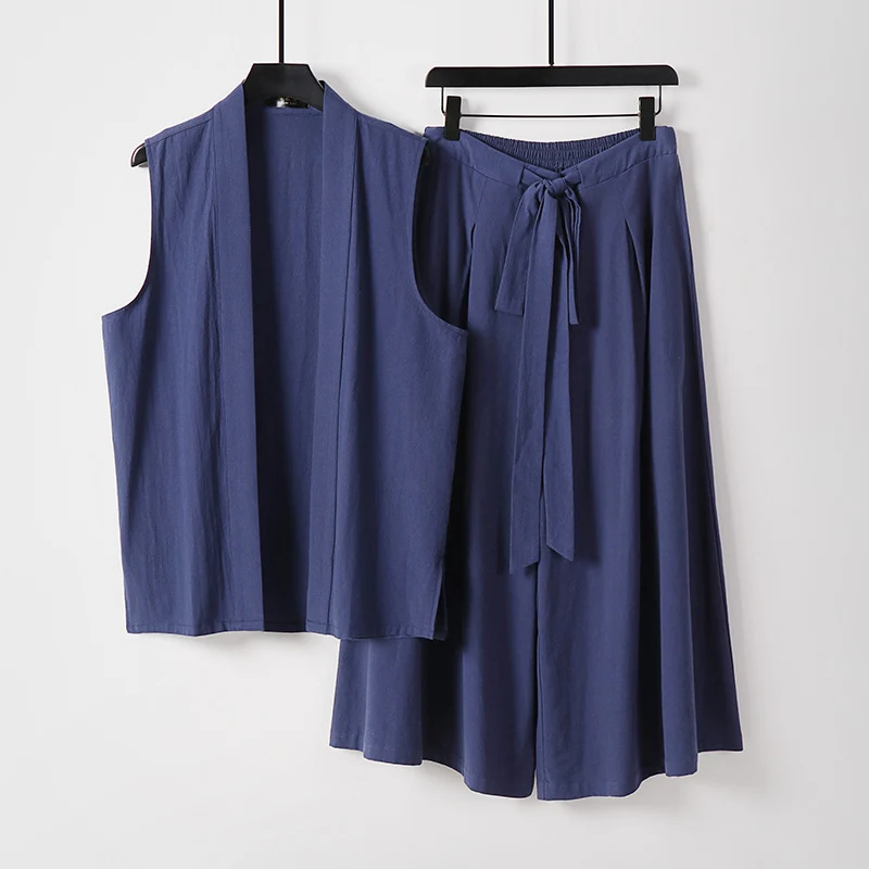 Damen Ärmellose Kimono-Weste und Hochtaillierte Culotte-Hose mit Bindegürtel Nord Taschen