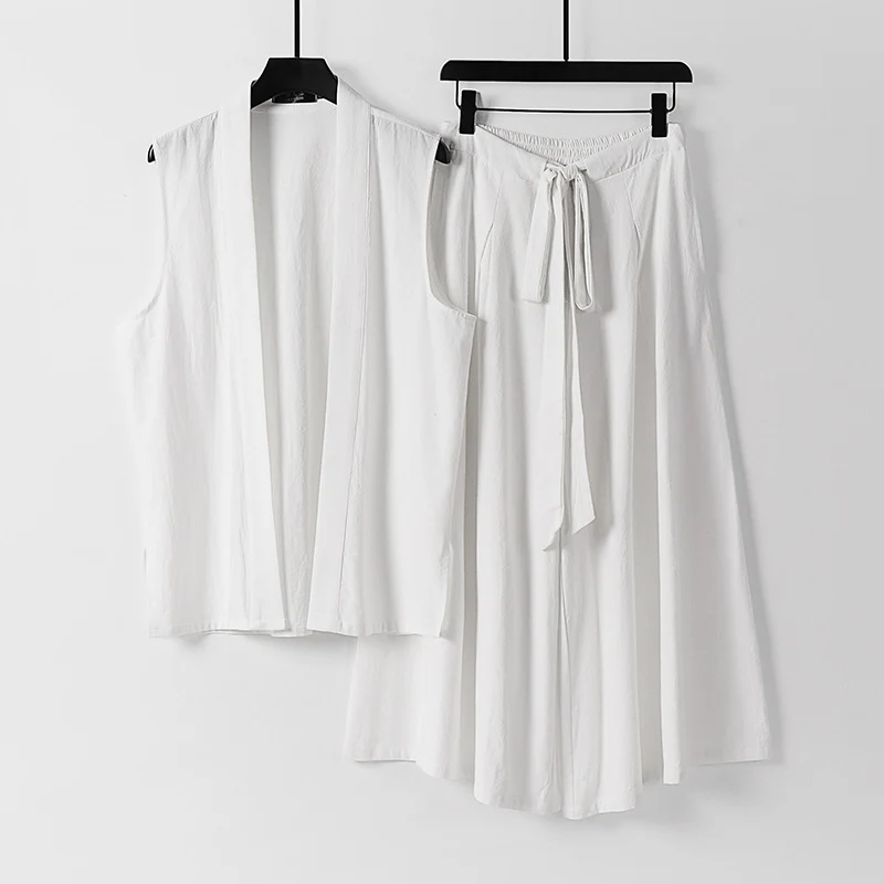 Damen Ärmellose Kimono-Weste und Hochtaillierte Culotte-Hose mit Bindegürtel Nord Taschen