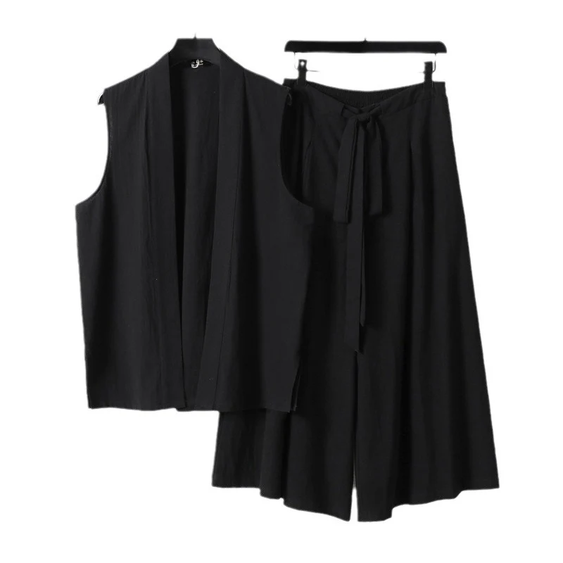 Damen Ärmellose Kimono-Weste und Hochtaillierte Culotte-Hose mit Bindegürtel Nord Taschen