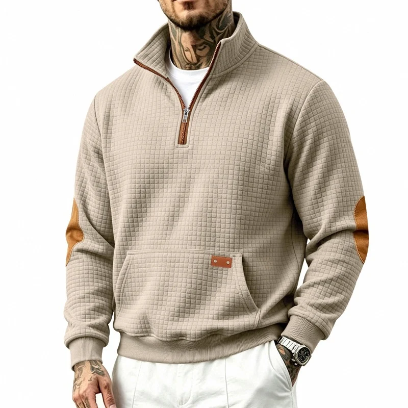 Herren Waffelstruktur-Fleecepullover mit Stehkragen, Kängurutasche und Kontrastbesatz Nord Taschen