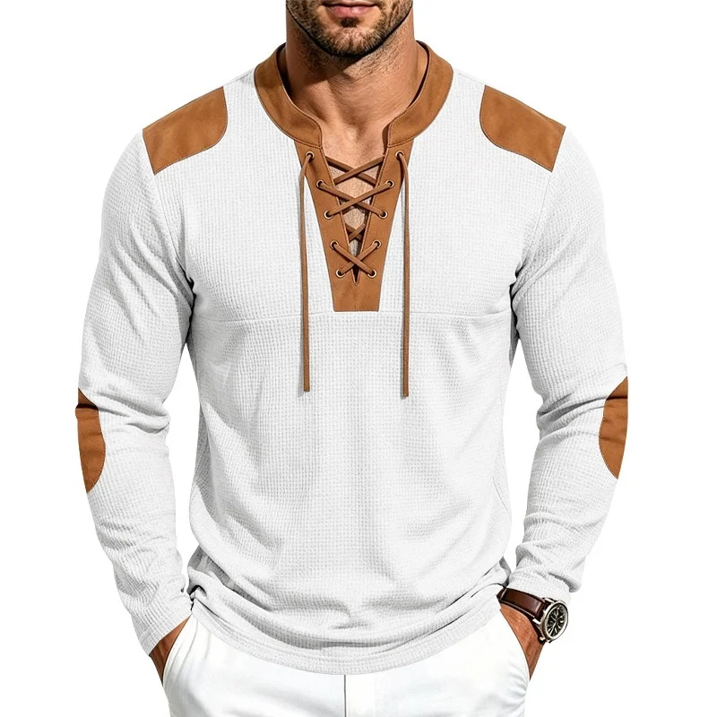 Herren Waffelstrick-Langarmshirt mit Schnürkragen und Kunstleder-Patches Nord Taschen