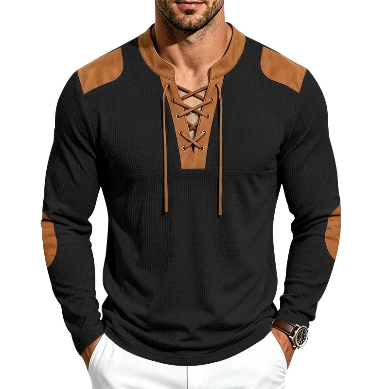 Herren Waffelstrick-Langarmshirt mit Schnürkragen und Kunstleder-Patches Nord Taschen