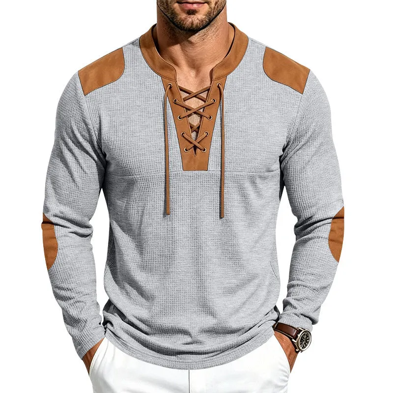 Herren Waffelstrick-Langarmshirt mit Schnürkragen und Kunstleder-Patches Nord Taschen