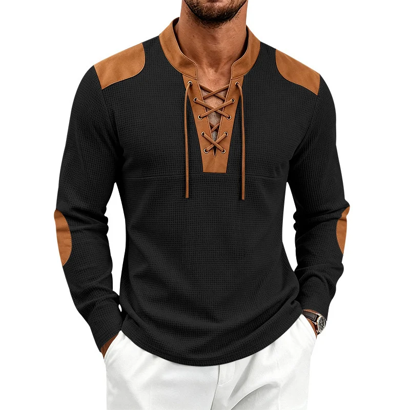 Herren Waffelstrick-Langarmshirt mit Schnürkragen und Kunstleder-Patches Nord Taschen