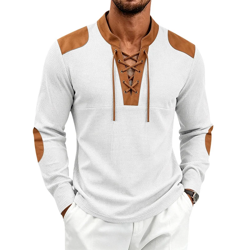 Herren Waffelstrick-Langarmshirt mit Schnürkragen und Kunstleder-Patches Nord Taschen