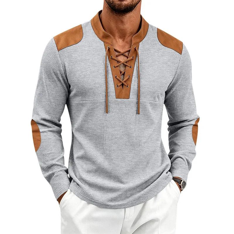 Herren Waffelstrick-Langarmshirt mit Schnürkragen und Kunstleder-Patches Nord Taschen