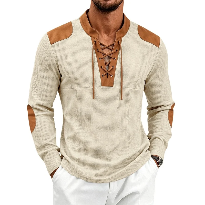 Herren Waffelstrick-Langarmshirt mit Schnürkragen und Kunstleder-Patches Nord Taschen