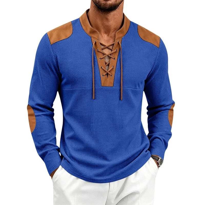 Herren Waffelstrick-Langarmshirt mit Schnürkragen und Kunstleder-Patches Nord Taschen