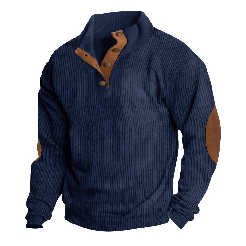 Herren Waffelstrick-Henley-Pullover mit Stehkragen und Ellbogen-Patches Nord Taschen