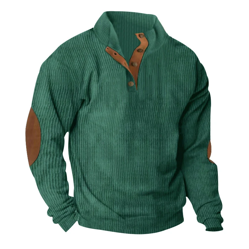 Herren Waffelstrick-Henley-Pullover mit Stehkragen und Ellbogen-Patches Nord Taschen