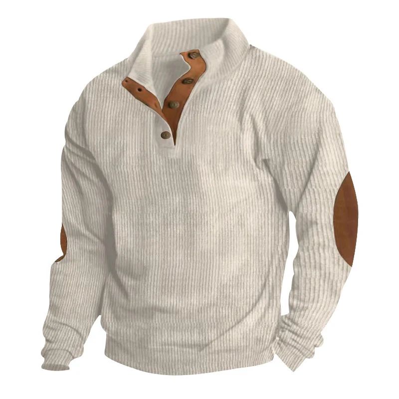 Herren Waffelstrick-Henley-Pullover mit Stehkragen und Ellbogen-Patches Nord Taschen