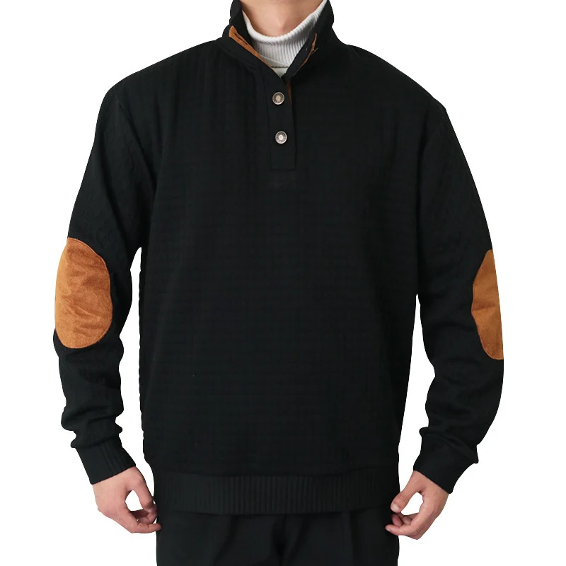 Herren Waffelstrick-Halbzip-Pullover mit Stehkragen Lederbesatz und Ellbogenpatches Nord Taschen