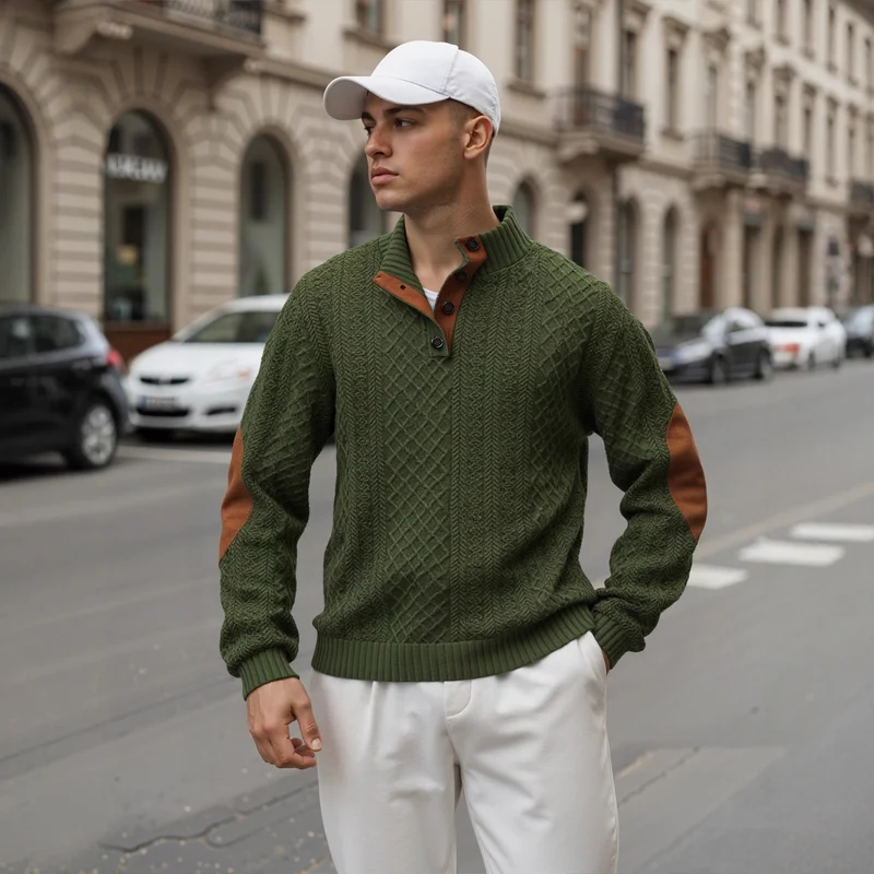 Herren Troyer-Pullover mit Stehkragen, strukturierter Strickoptik und Kontrast-Ellbogenpatches Nord Taschen