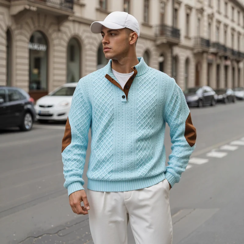 Herren Troyer-Pullover mit Stehkragen, strukturierter Strickoptik und Kontrast-Ellbogenpatches Nord Taschen
