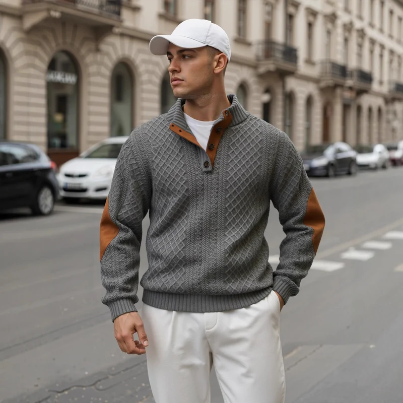 Herren Troyer-Pullover mit Stehkragen, strukturierter Strickoptik und Kontrast-Ellbogenpatches Nord Taschen