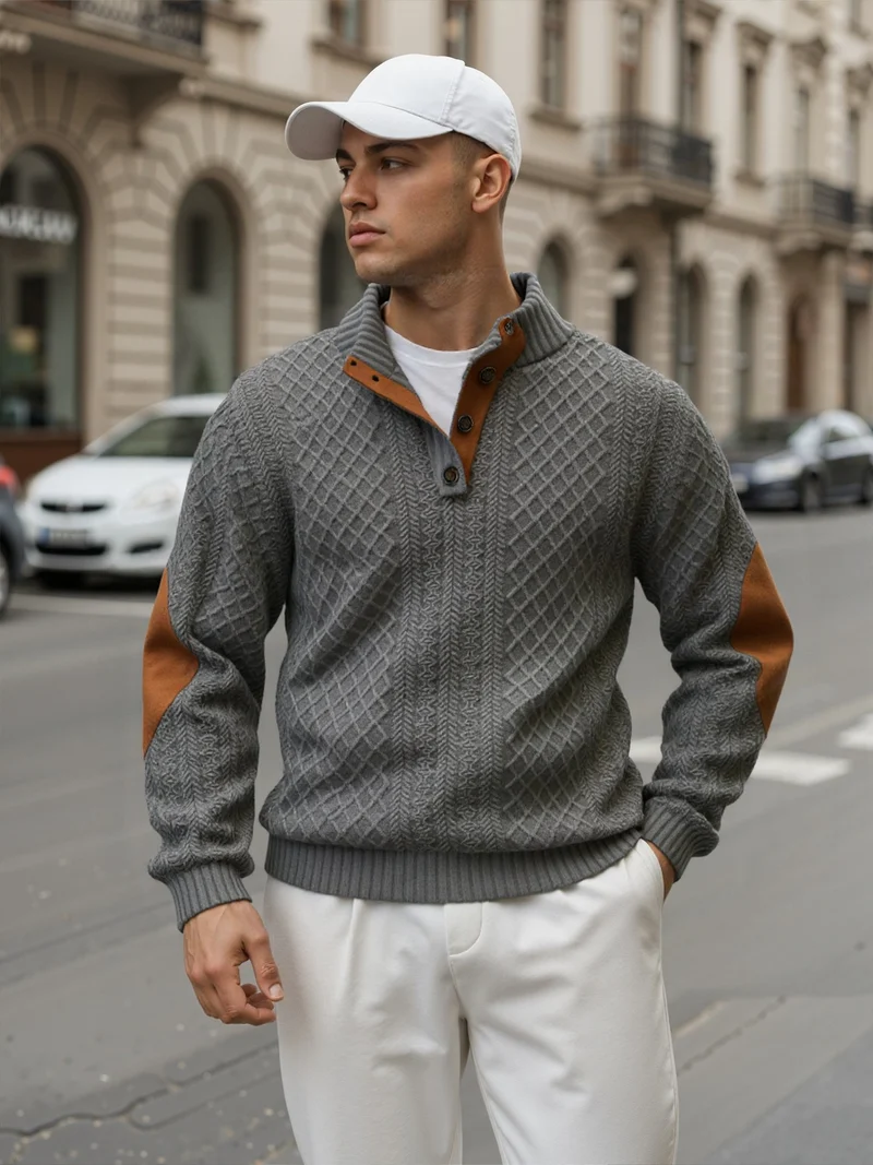 Herren Troyer-Pullover mit Stehkragen, strukturierter Strickoptik und Kontrast-Ellbogenpatches Nord Taschen
