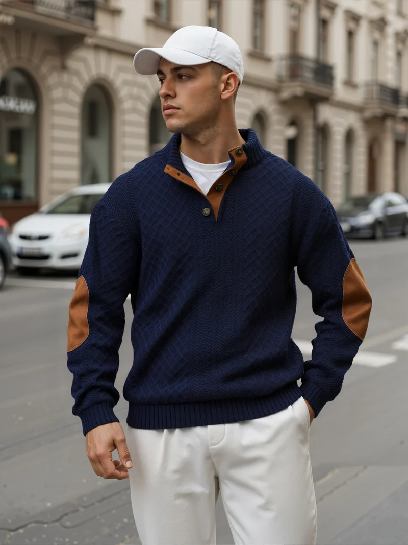 Herren Troyer-Pullover mit Stehkragen, strukturierter Strickoptik und Kontrast-Ellbogenpatches Nord Taschen