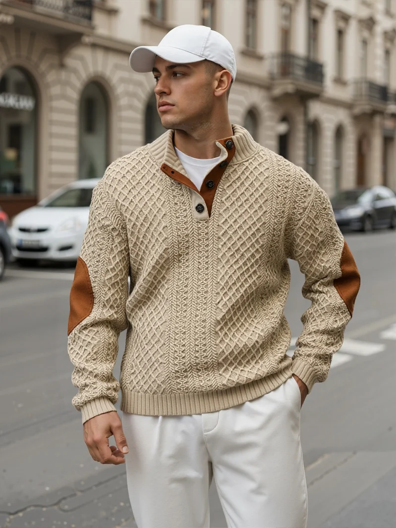 Herren Troyer-Pullover mit Stehkragen, strukturierter Strickoptik und Kontrast-Ellbogenpatches Nord Taschen