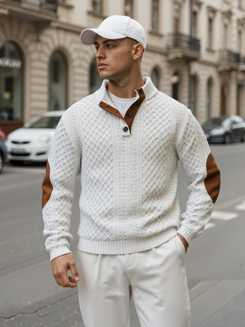 Herren Troyer-Pullover mit Stehkragen, strukturierter Strickoptik und Kontrast-Ellbogenpatches Nord Taschen