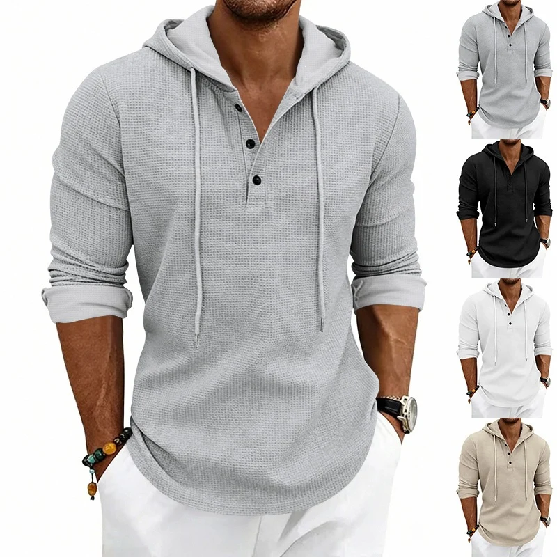 Herren Texturiertes Kapuzen-Langarmshirt mit Knopfleiste und Waffelstruktur Nord Taschen