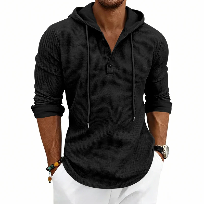 Herren Texturiertes Kapuzen-Langarmshirt mit Knopfleiste und Waffelstruktur Nord Taschen