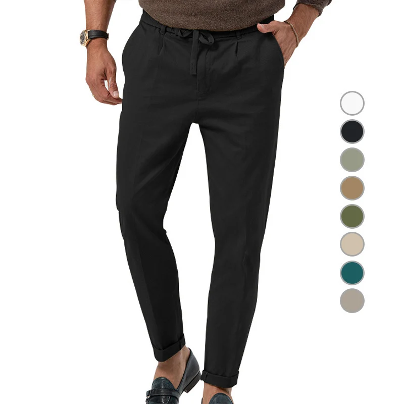 Herren Tapered Leinen-Baumwoll-Hose mit Elastikbund, Tunnelzug und Bündchen Nord Taschen