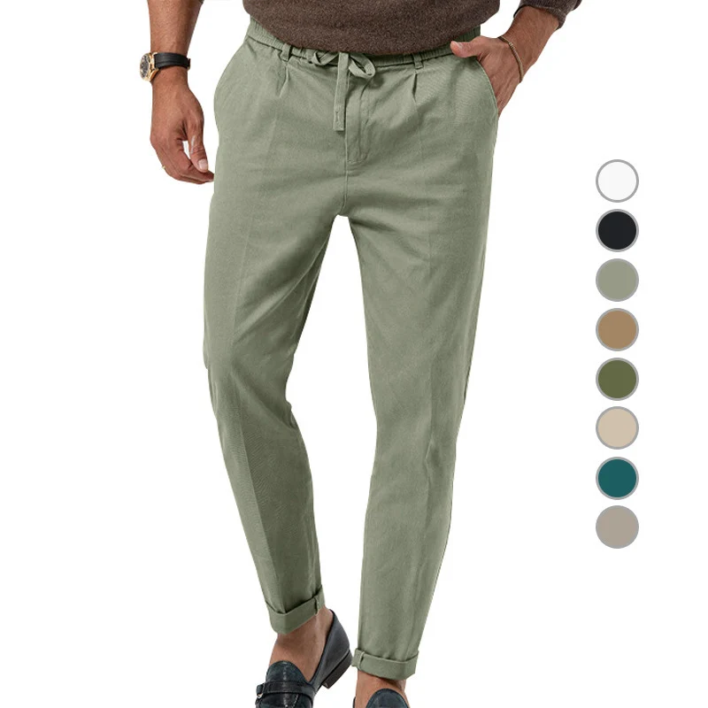 Herren Tapered Leinen-Baumwoll-Hose mit Elastikbund, Tunnelzug und Bündchen Nord Taschen