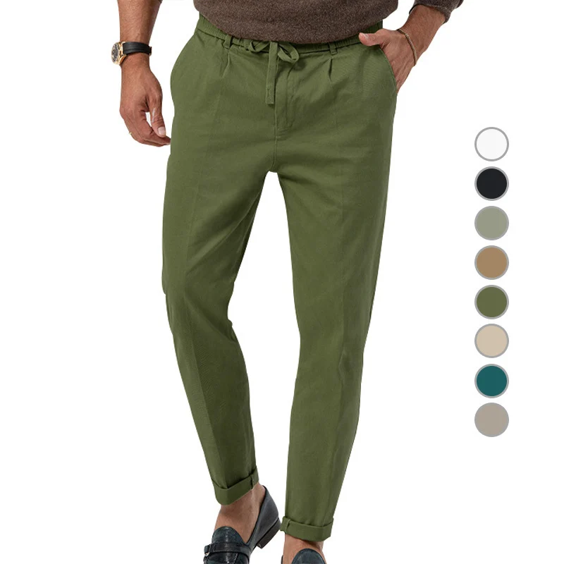 Herren Tapered Leinen-Baumwoll-Hose mit Elastikbund, Tunnelzug und Bündchen Nord Taschen