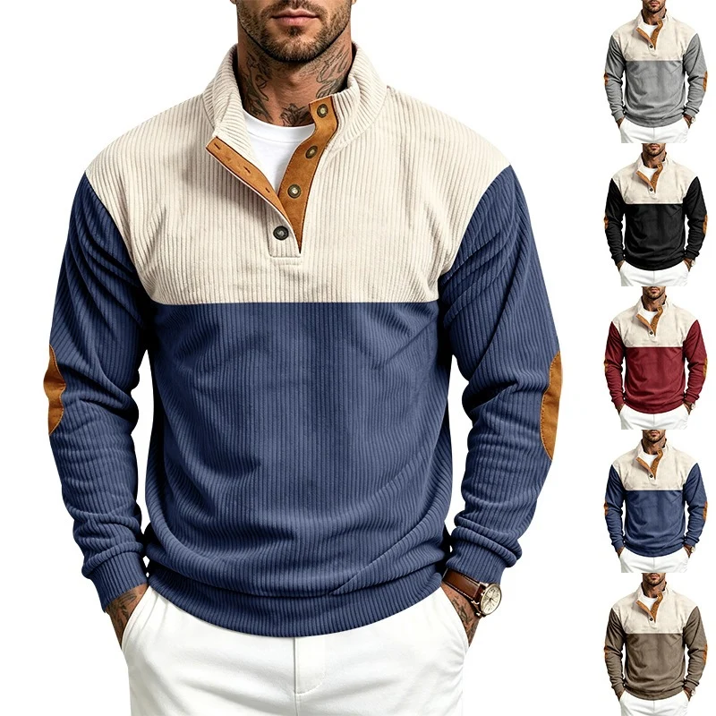 Herren Strukturiertes Ripp-Henley-Halbzip mit Stehkragen und Ellenbogen-Patches Nord Taschen