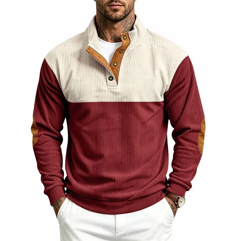 Herren Strukturiertes Ripp-Henley-Halbzip mit Stehkragen und Ellenbogen-Patches Nord Taschen