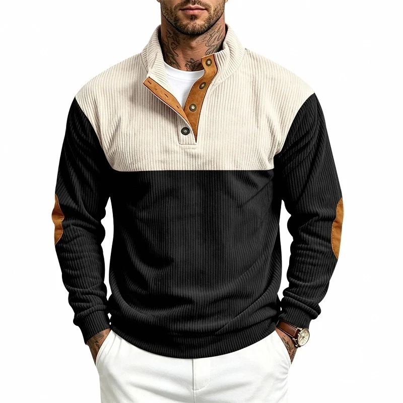 Herren Strukturiertes Ripp-Henley-Halbzip mit Stehkragen und Ellenbogen-Patches Nord Taschen