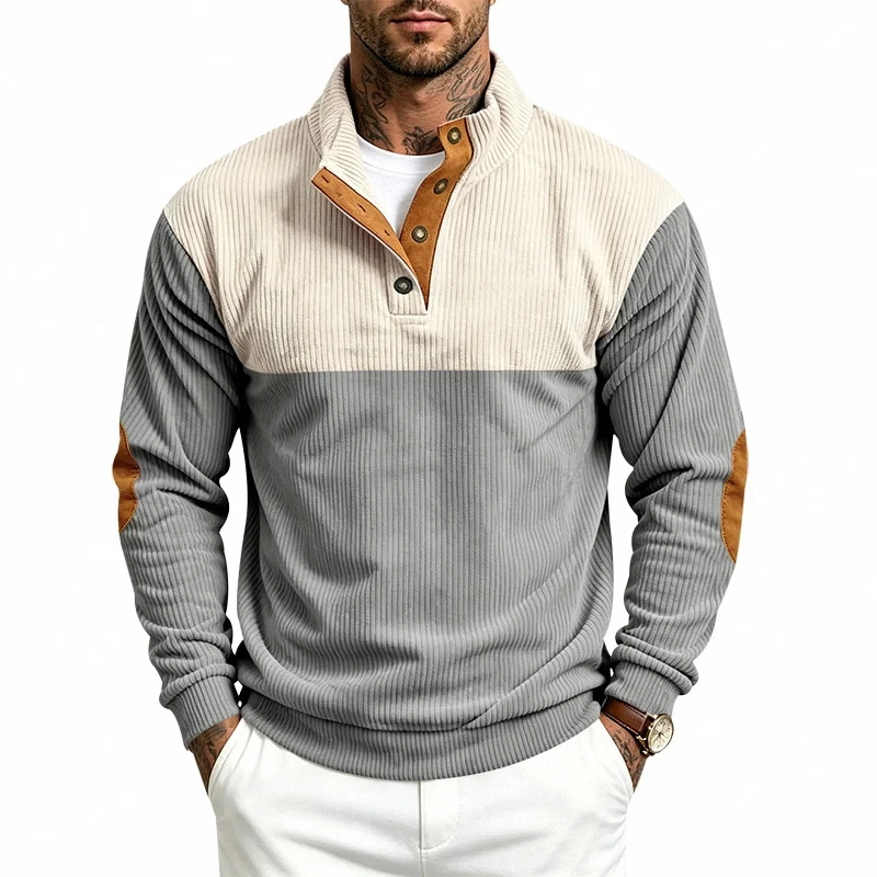 Herren Strukturiertes Ripp-Henley-Halbzip mit Stehkragen und Ellenbogen-Patches Nord Taschen
