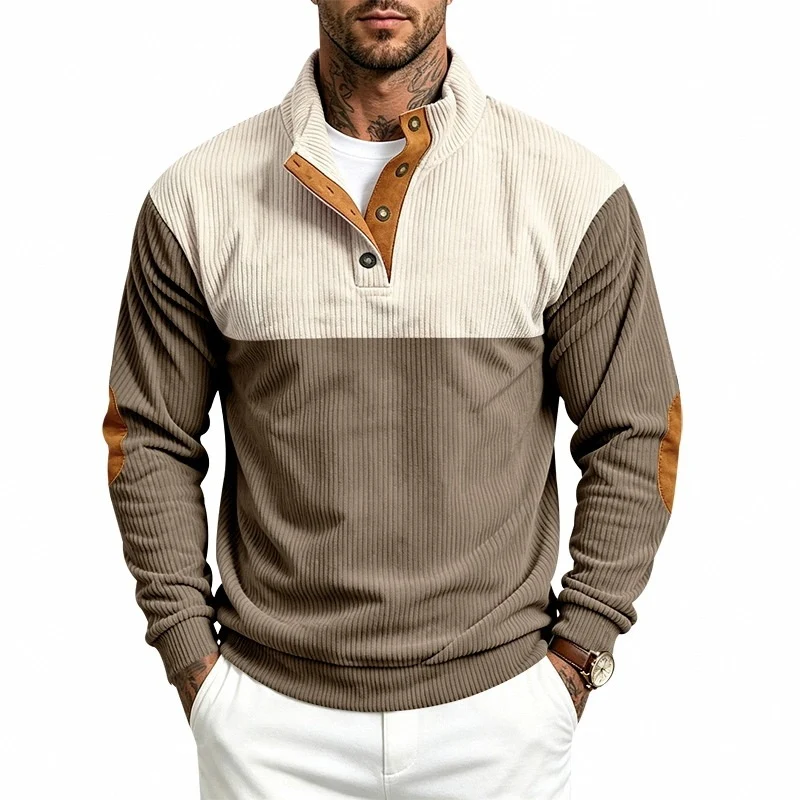 Herren Strukturiertes Ripp-Henley-Halbzip mit Stehkragen und Ellenbogen-Patches Nord Taschen