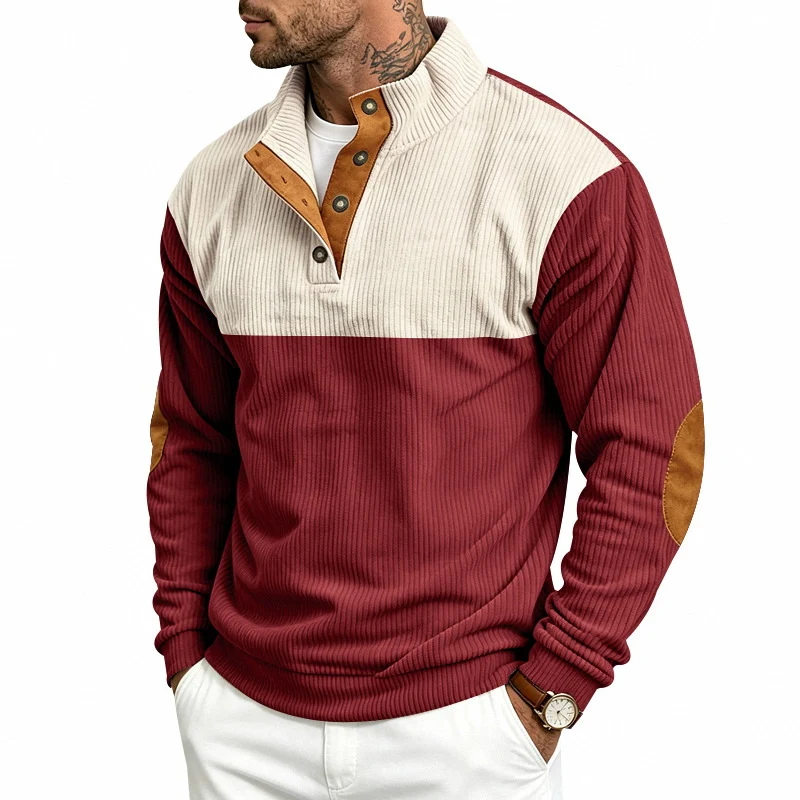 Herren Strukturiertes Ripp-Henley-Halbzip mit Stehkragen und Ellenbogen-Patches Nord Taschen