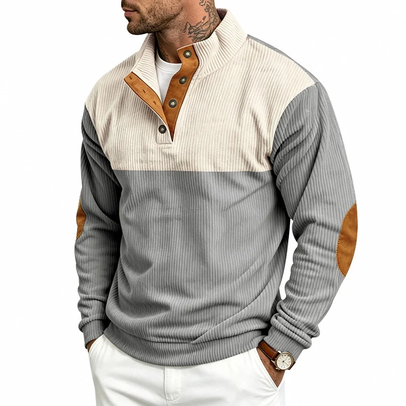 Herren Strukturiertes Ripp-Henley-Halbzip mit Stehkragen und Ellenbogen-Patches Nord Taschen