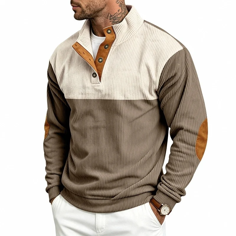 Herren Strukturiertes Ripp-Henley-Halbzip mit Stehkragen und Ellenbogen-Patches Nord Taschen