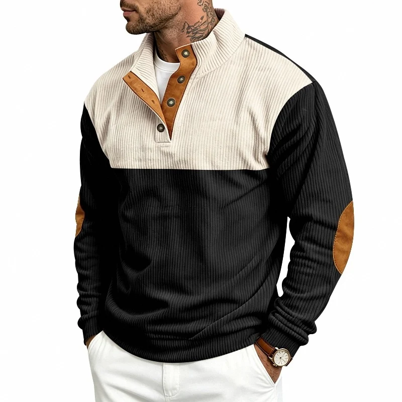 Herren Strukturiertes Ripp-Henley-Halbzip mit Stehkragen und Ellenbogen-Patches Nord Taschen
