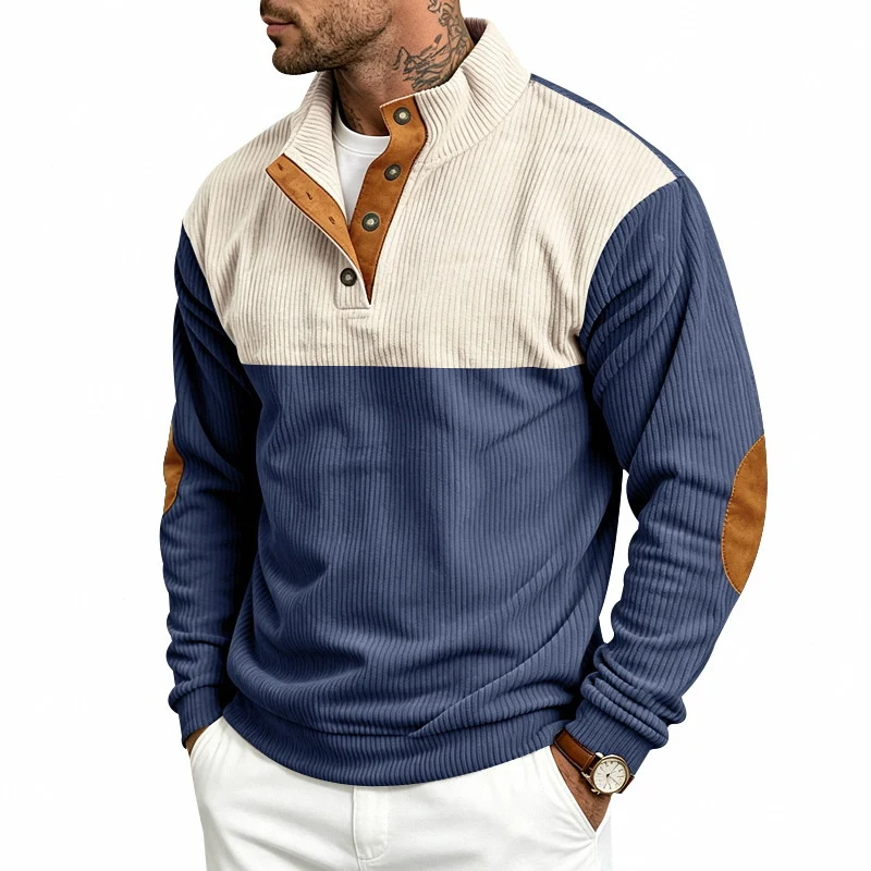 Herren Strukturiertes Ripp-Henley-Halbzip mit Stehkragen und Ellenbogen-Patches Nord Taschen