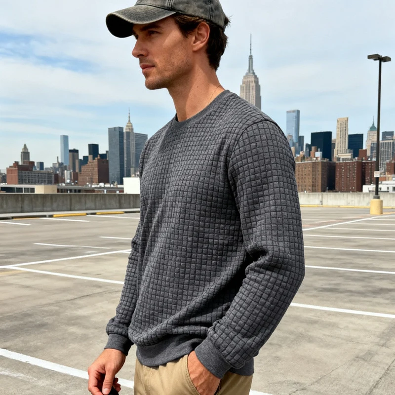 Herren Strukturierter Waffelstrick-Pullover aus Baumwollmix mit Rundhalsausschnitt Nord Taschen