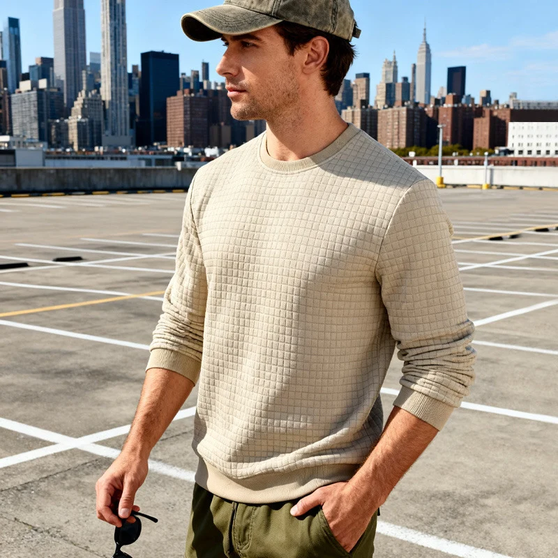 Herren Strukturierter Waffelstrick-Pullover aus Baumwollmix mit Rundhalsausschnitt Nord Taschen