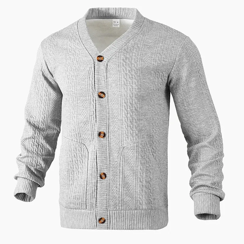 Herren Strukturierter Strickcardigan mit Zopf- und Waffelmuster, Knopfleiste und aufgesetzten Taschen Nord Taschen