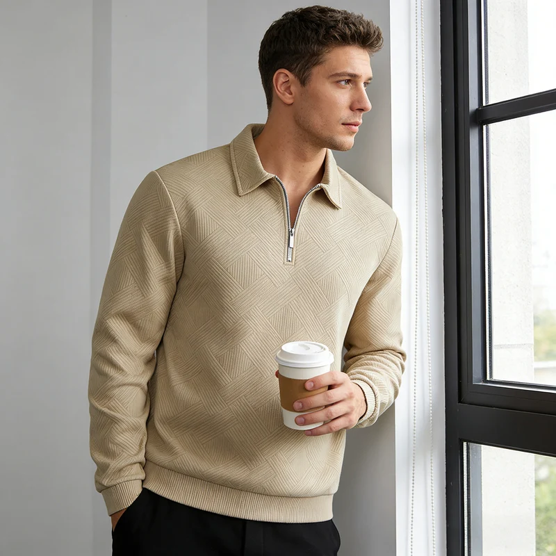 Herren Strukturierter Halbzip-Pullover mit Kragen und Rippbündchen Nord Taschen