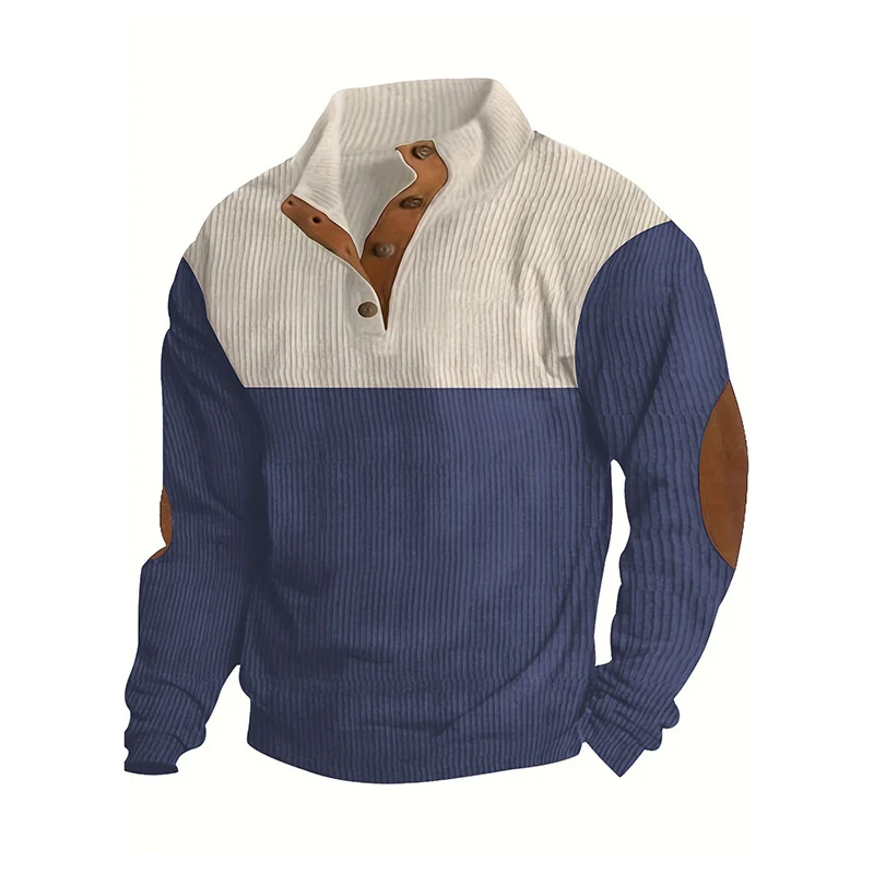 Herren Strukturierter Halbknopf-Pullover mit Stehkragen, Rippenstruktur und Ellenbogen-Patches Nord Taschen