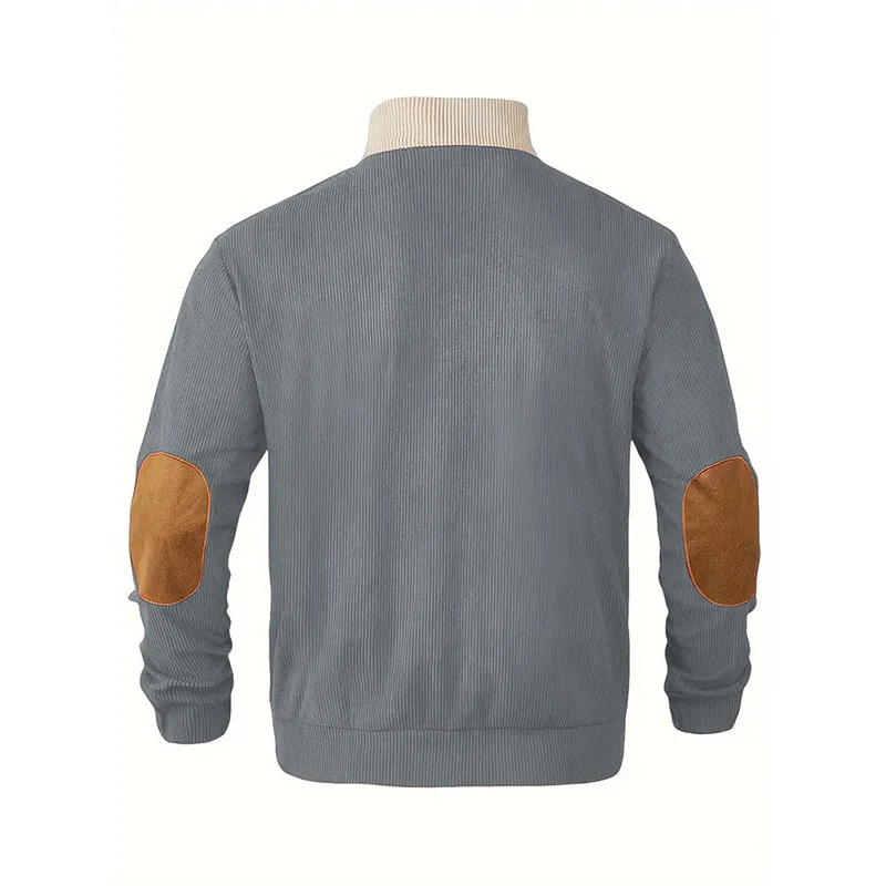 Herren Strukturierter Halbknopf-Pullover mit Stehkragen, Rippenstruktur und Ellenbogen-Patches Nord Taschen