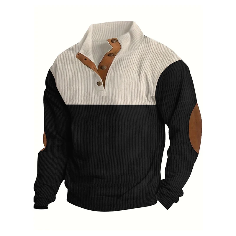 Herren Strukturierter Halbknopf-Pullover mit Stehkragen, Rippenstruktur und Ellenbogen-Patches Nord Taschen
