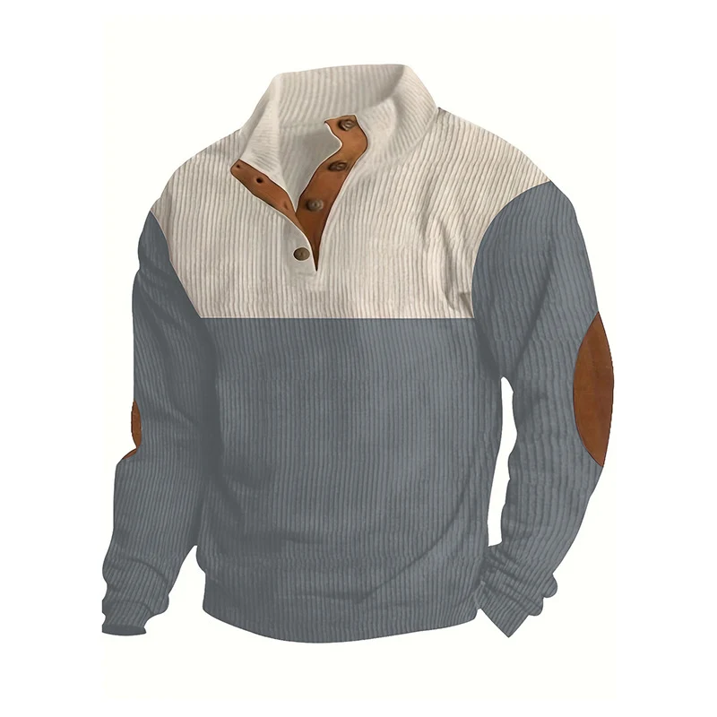 Herren Strukturierter Halbknopf-Pullover mit Stehkragen, Rippenstruktur und Ellenbogen-Patches Nord Taschen