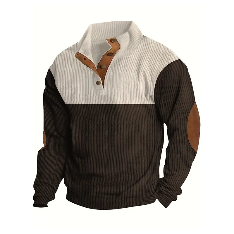 Herren Strukturierter Halbknopf-Pullover mit Stehkragen, Rippenstruktur und Ellenbogen-Patches Nord Taschen