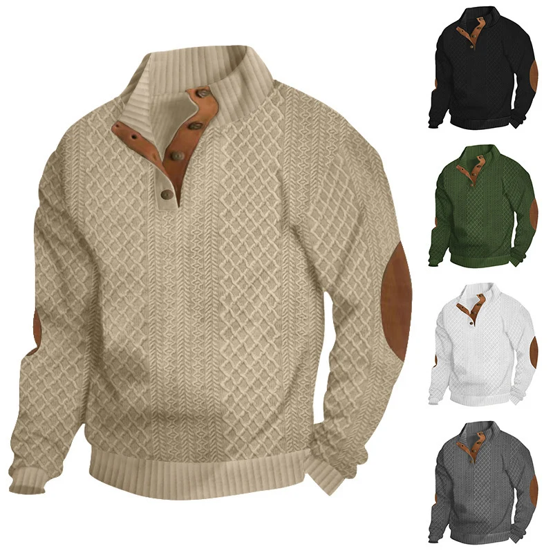 Herren Strukturierter Aran-Strickpullover mit halbem Knopfleistenkragen und Leder-Ellbogenpatches Nord Taschen
