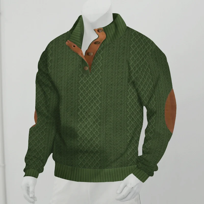 Herren Strukturierter Aran-Strickpullover mit halbem Knopfleistenkragen und Leder-Ellbogenpatches Nord Taschen